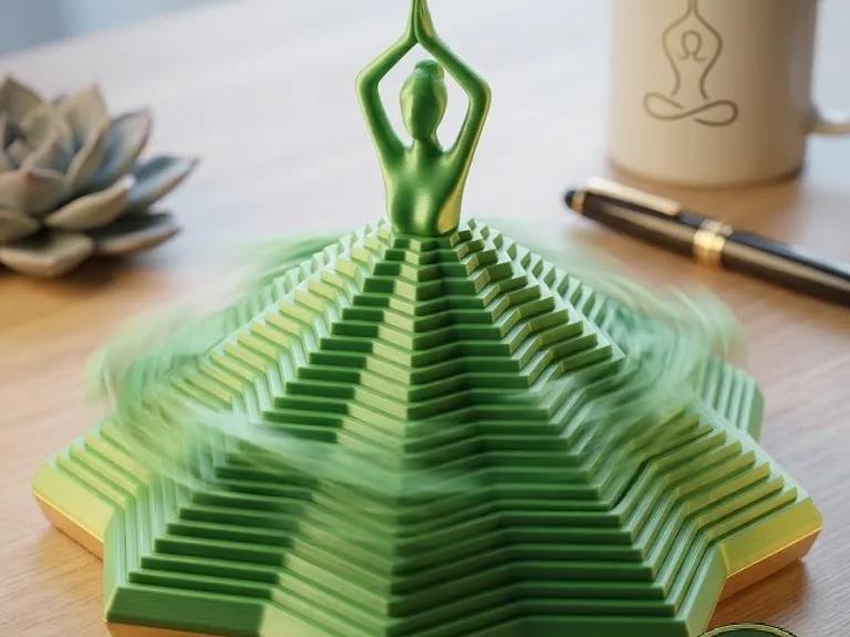 Escultura cinética pirâmide com figura de ioga impressa em 3D
