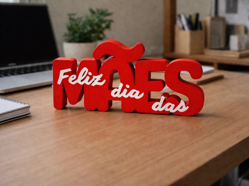 Placa decorativa Feliz Dia das Mães impressa em 3D