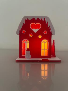 Casa Card de Natal vermelha iluminada impressa em 3D