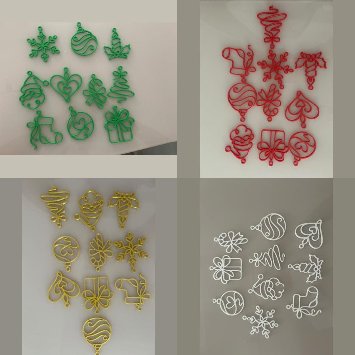 Kit com 10 enfeites vazados para árvore de Natal nas cores verde, vermelho, dourado e branco, impressos em 3D